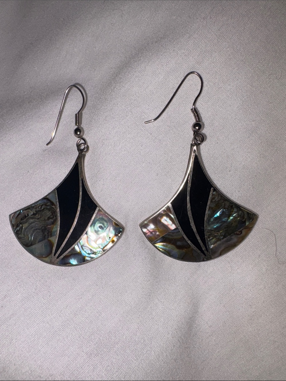 Vintage Abalone Fan Drop Earrings with Black Inlay
